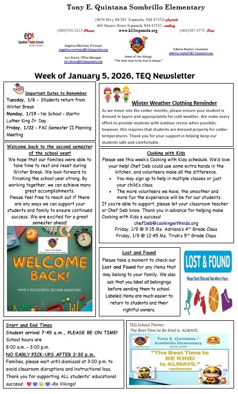TEQ Newsletter & Flyers Week of 1/5/26