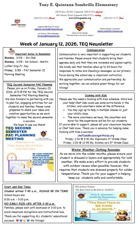 TEQ Newsletter & Flyers Week of 1/12/26