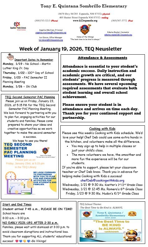 TEQ Newsletter & Flyers Week of  1/19/26