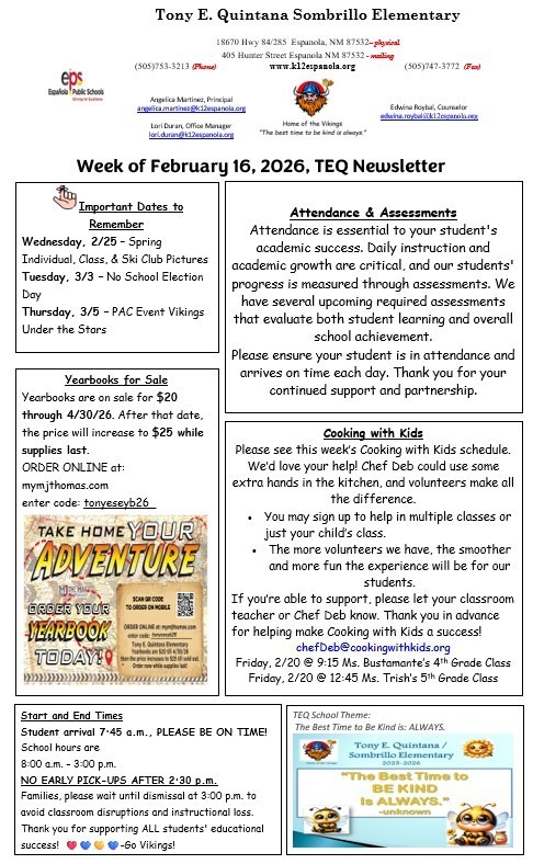 TEQ Newsletter & Flyers Week of 2/16/26