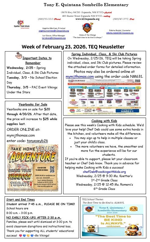 TEQ Newsletter & Flyers Week of 2 23 26