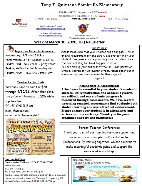 TEQ Newsletter & Flyers Week of 3/30/26