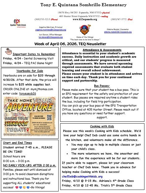 TEQ Newsletter & Flyers Week of 4/6/26