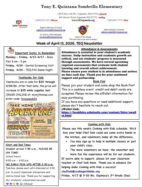 TEQ Newsletter & Flyers Week of 4/13/26