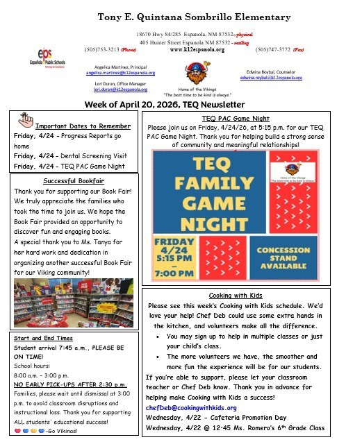 TEQ Newsletter & Flyers Week of 4/20/26