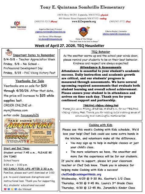 TEQ Newsletter & Flyers Week of 4/27/26