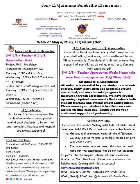 TEQ Newsletter & Flyers Week of 5/4/26
