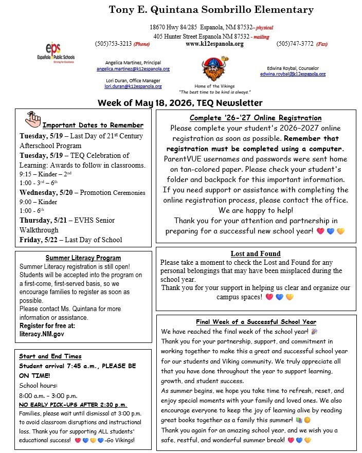 TEQ Newsletter & Flyers Week of 5/18/26