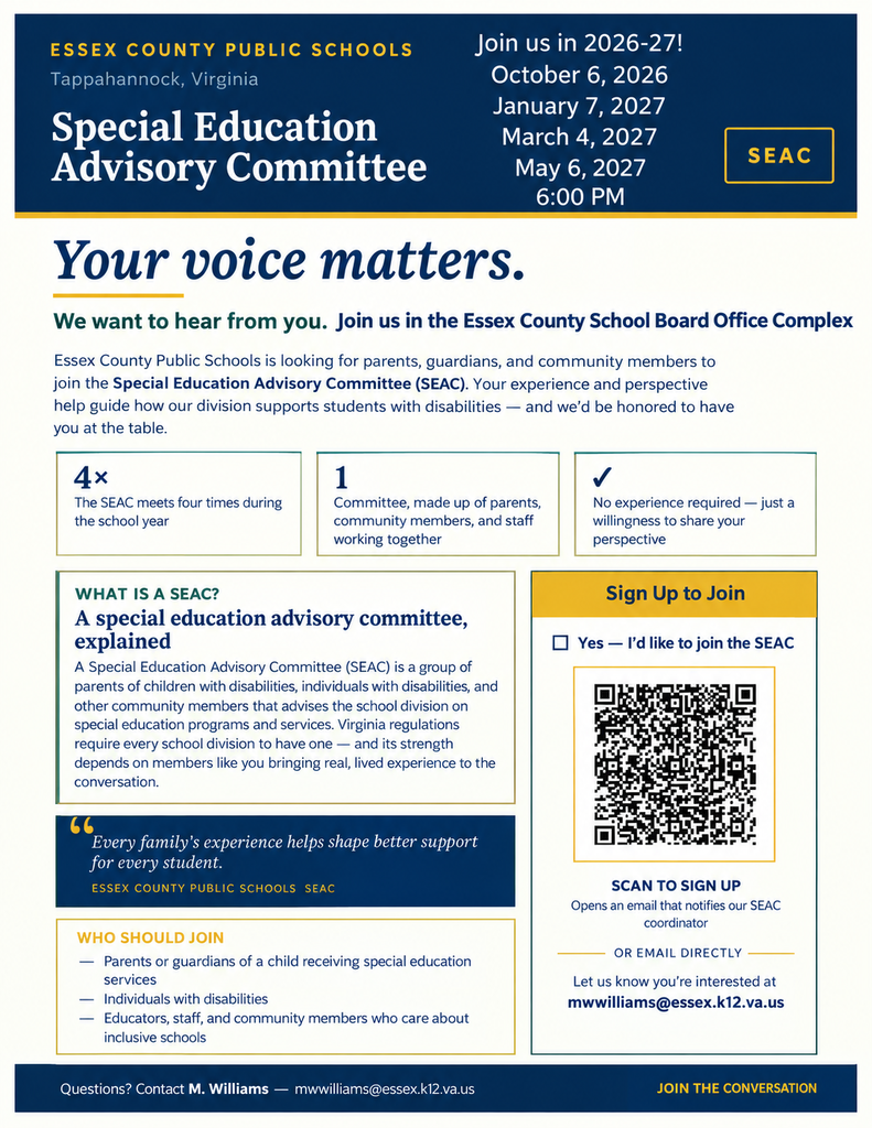 Your Voice Matters.  We want to hear from you.  We want to include you.  Play a role in what Special Education looks like in Essex County. Consider joining the Special Education Advisory Committee. 