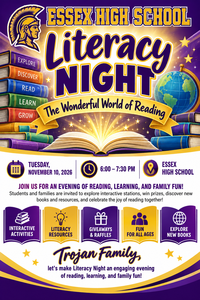 Event poster for Essex High School Literacy Night: The Wonderful World of Reading on Tuesday, November 10, 2026, from 6:00 to 7:30 PM at Essex High School. Highlights interactive activities, literacy resources, giveaways and raffles, fun for all ages, and exploring new books. Full details are provided in the post caption.