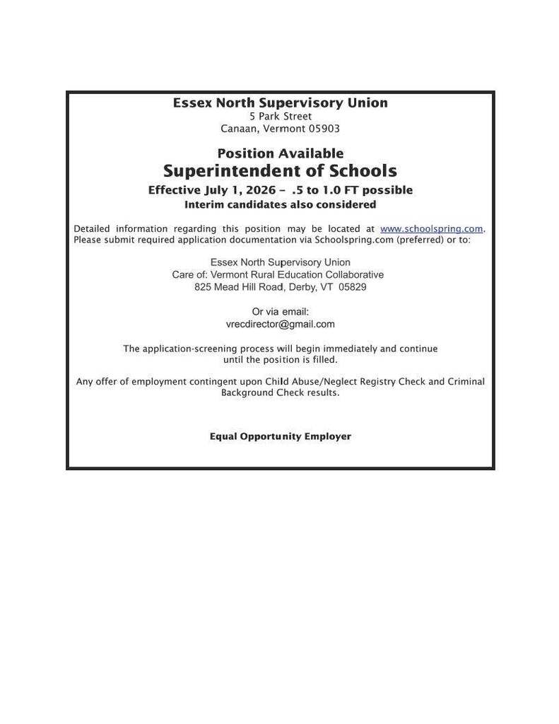 Essex North Supervisory Union seeks a Superintendent for the 26-27 school year
