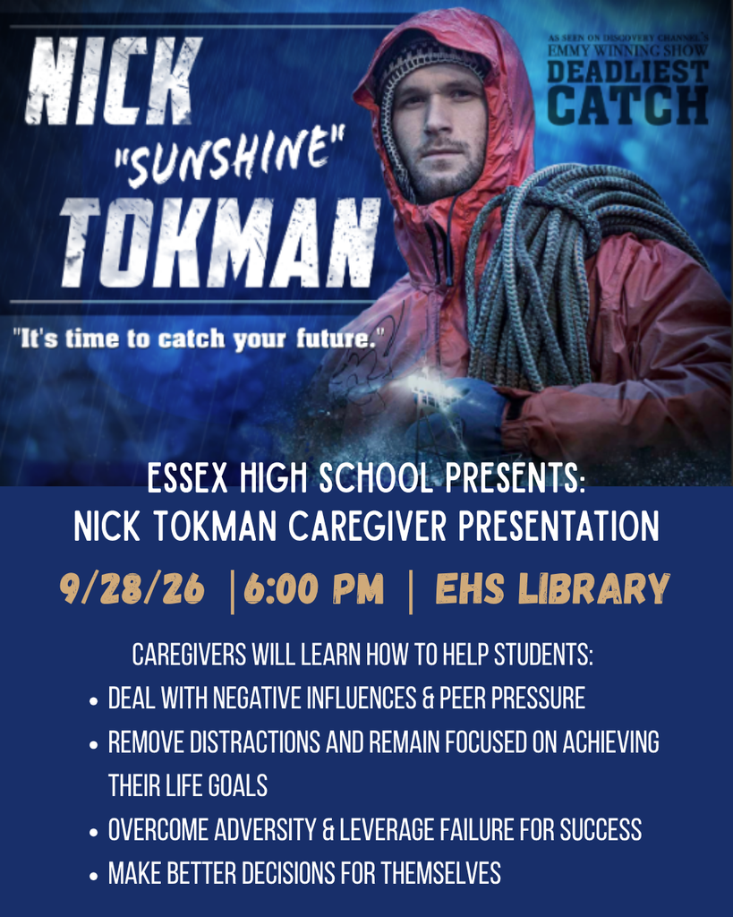A flyer displays a man in a red raincoat holding a rope, titled "Nick Toman." The text reads "ESSEX HIGH SCHOOL PRESENTS: NICK TOMAN CAREGIVER PRESENTATION" and lists the date, time, and location.