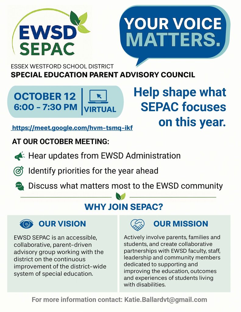 A flyer for the EWSD SEPAC meeting on October 12 from 6:00 to 7:30 PM. It includes updates, priorities, and community discussions.