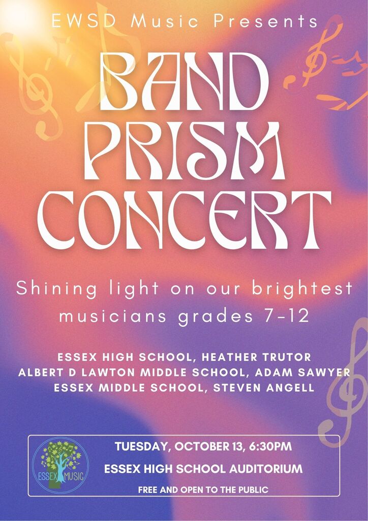 Bright, multicolored poster with white text. It reads "BAND PRISM CONCERT" with musical notes and symbols. Details about the event date, time, and venue are listed.