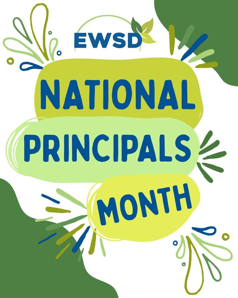 Bright green and blue leaves around text that reads "EWSD National Principals Month" on a white background.