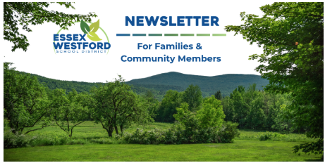 A newsletter cover with green, blue, and white colors, featuring trees, a grassy field, and a mountain range.
