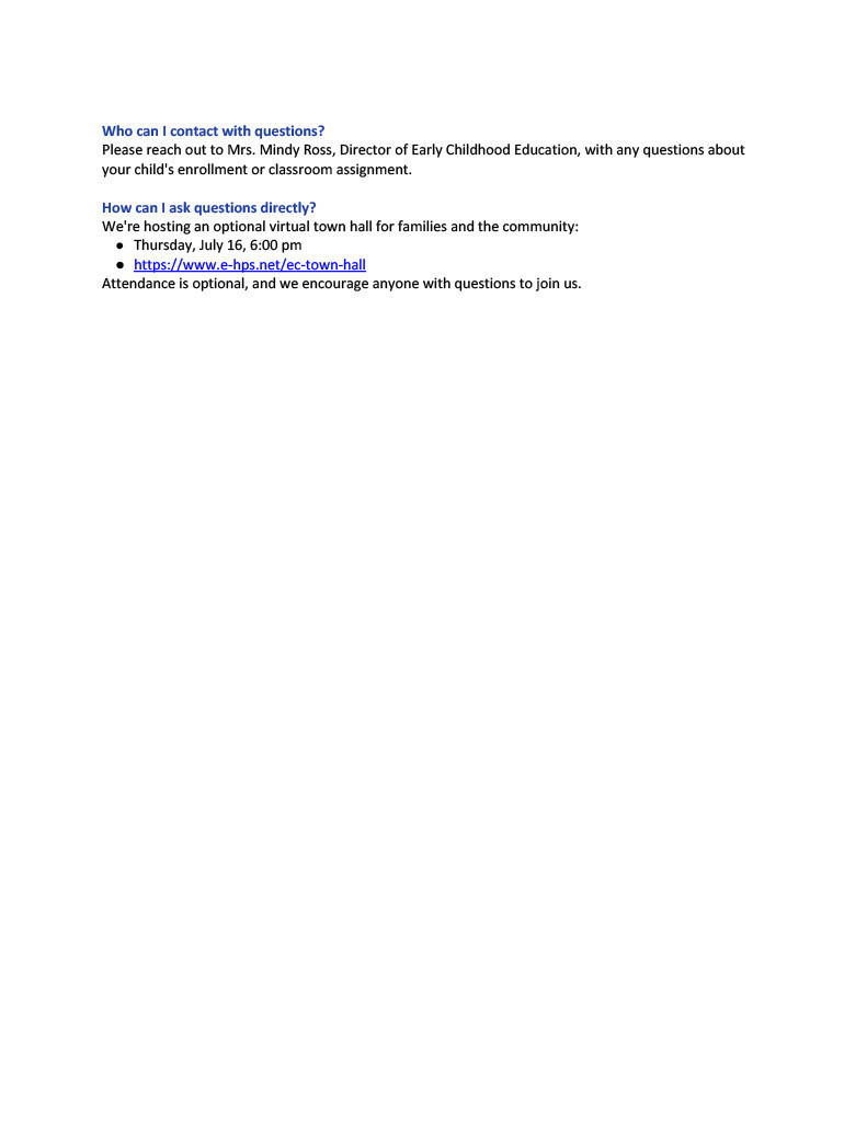 Page two of the Essexville-Hampton Public Schools early childhood FAQ. Families with questions about enrollment or classroom assignments are directed to Mrs. Mindy Ross, Director of Early Childhood Education. The page also invites families and community members to an optional virtual town hall on Thursday, July 16 at 6:00 p.m. The meeting link is https://www.e-hps.net/ec-town-hall.