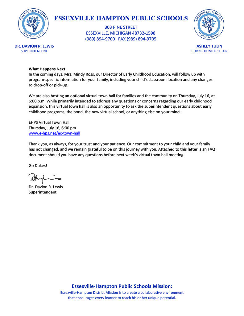 Page two of the July 10, 2026 Essexville-Hampton Public Schools early childhood update. It states that Mrs. Mindy Ross, Director of Early Childhood Education, will contact families with classroom locations and any drop-off or pick-up changes. The district will host an optional virtual town hall on Thursday, July 16 at 6:00 p.m. at www.e-hps.net/ec-town-hall. The meeting will include opportunities to ask questions about early childhood programs, the bond proposal, the new virtual school, and other district topics. The letter is signed by Superintendent Dr. Davion R. Lewis.