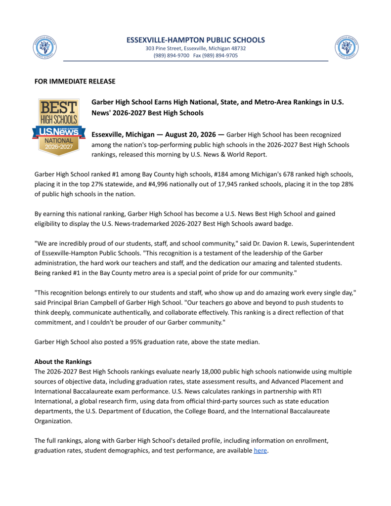 Two-page Essexville-Hampton Public Schools press release announcing that Garber High School ranked #1 among Bay County high schools in the U.S. News & World Report 2026-2027 Best High Schools rankings. Garber ranked #184 among 678 Michigan high schools, placing it in the top 27% statewide, and #4,996 among 17,945 public high schools, placing it in the top 28% nationwide. The release also highlights Garber's 95% graduation rate and includes statements from Superintendent Dr. Davion R. Lewis and Principal Brian Campbell. The first page features district logos and the U.S. News Best High Schools award badge.