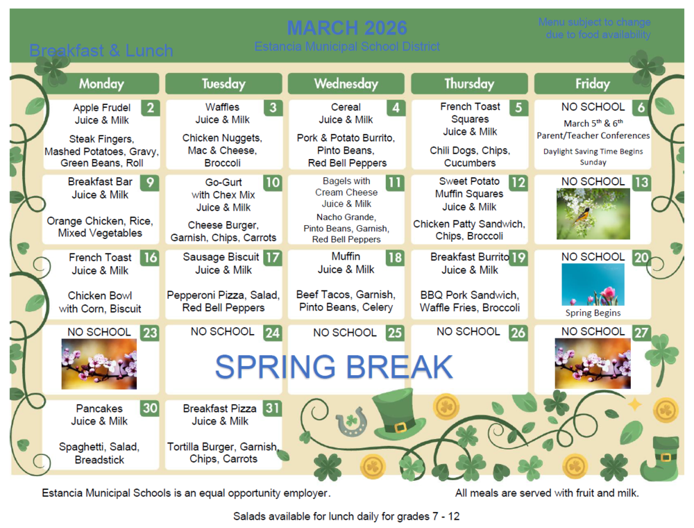 March Breakfast & Lunch Menu