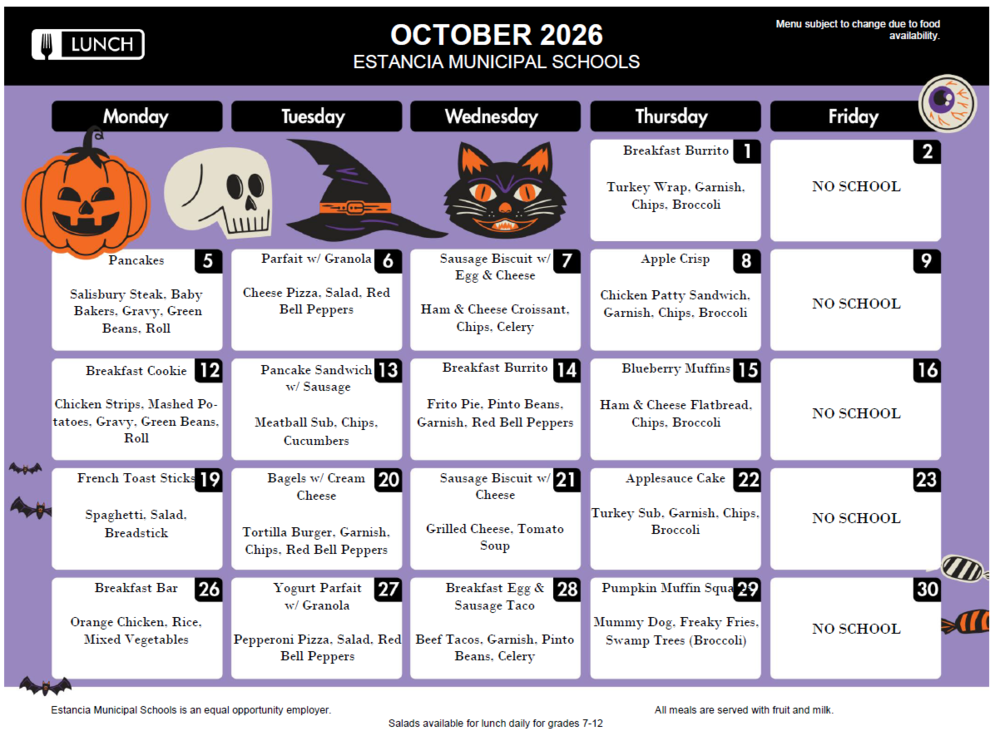 October 2026 Breakfast & Lunch Menu