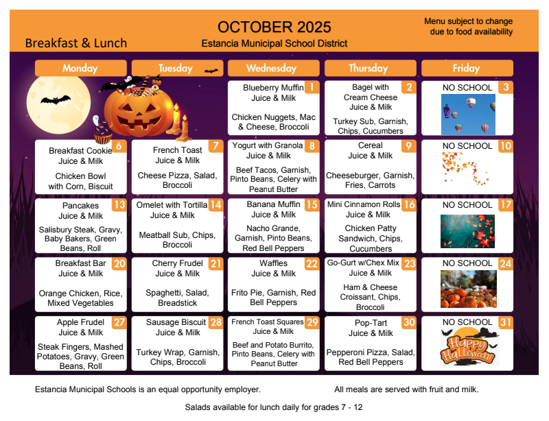 October 2025 Cafeteria Menu