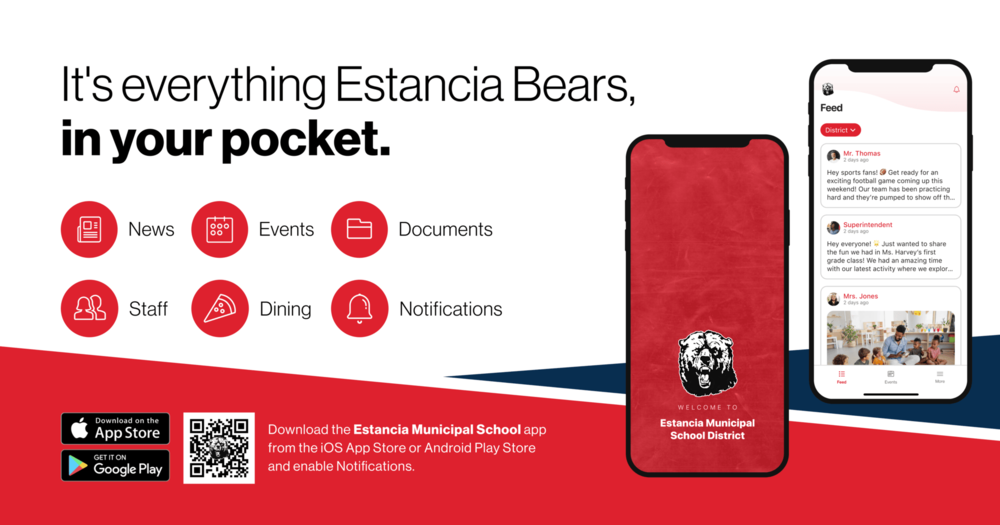 Flyer showing two cell phones with the EMSD app open. A QR code on the bottom for app store downloads.