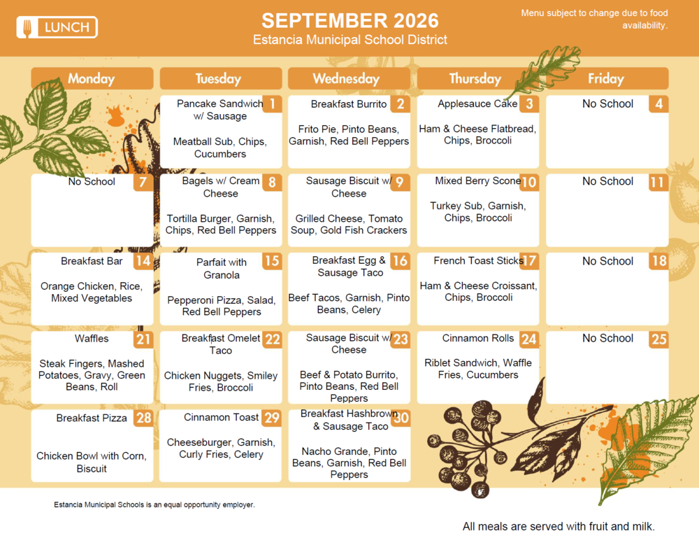 September Breakfast and Lunch Menu
