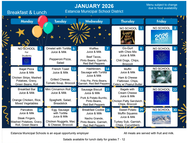 January Breakfast & Lunch  Menu