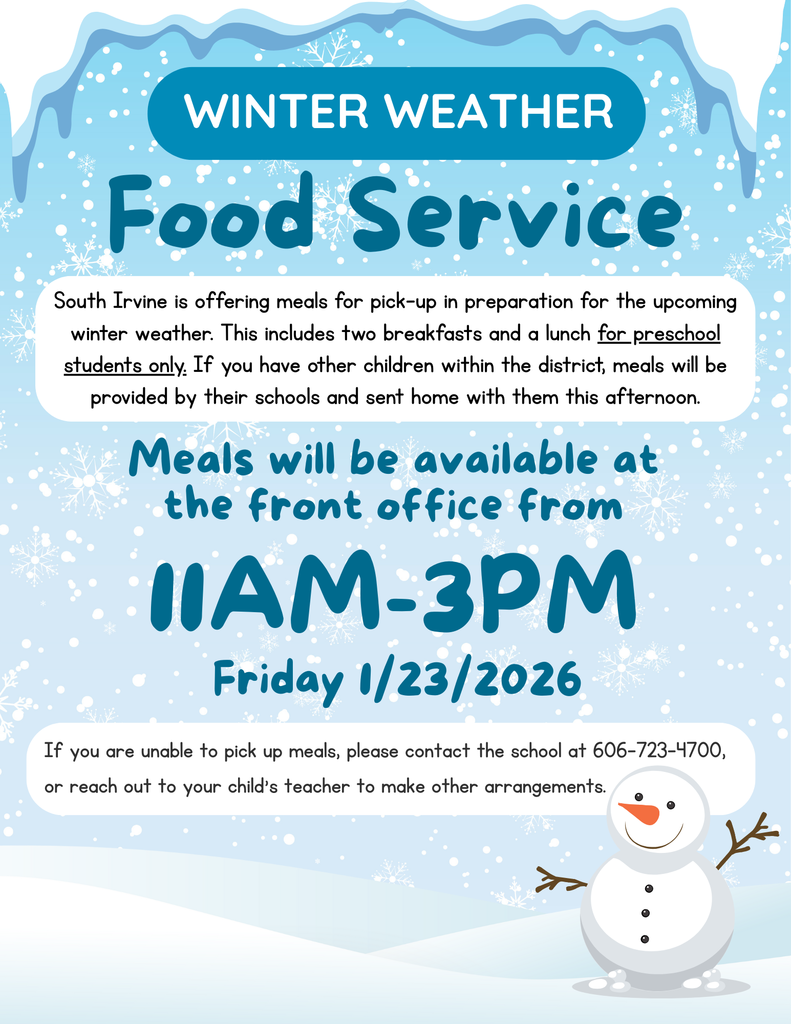 Meals for preschool students will be available for pick-up at South Irvine from 11:00-3:00 today.