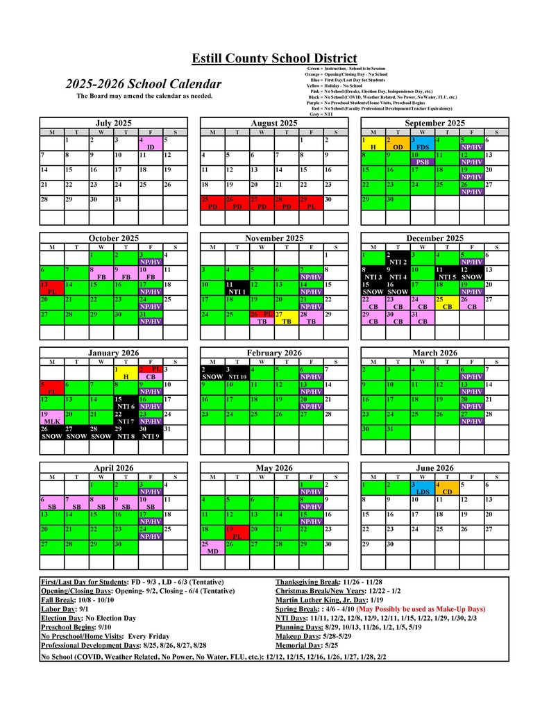 Updated District Printable Calendar