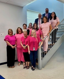 Estill County Central Office Staff dressed in pink.