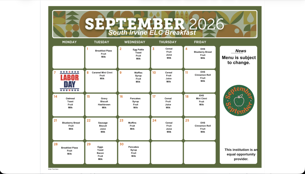 September Breakfast Menu for SIELC