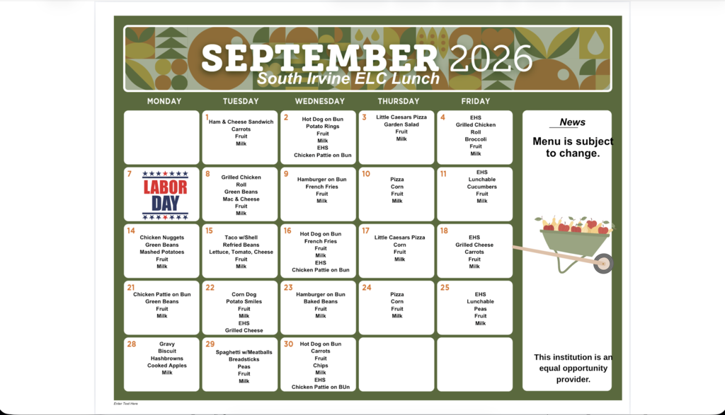 September Lunch Menu for SIELC