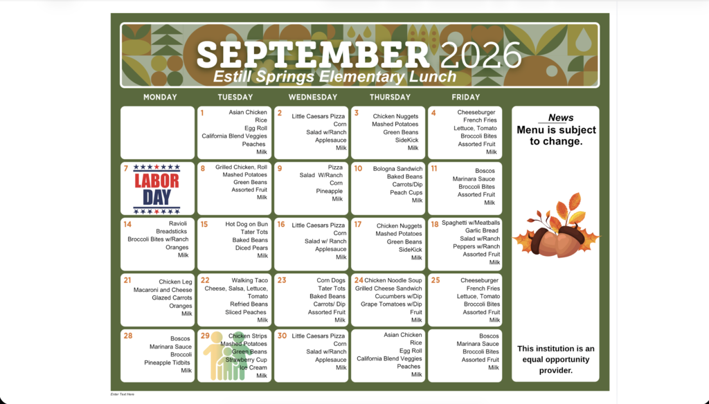 September Lunch Menu for ESE
