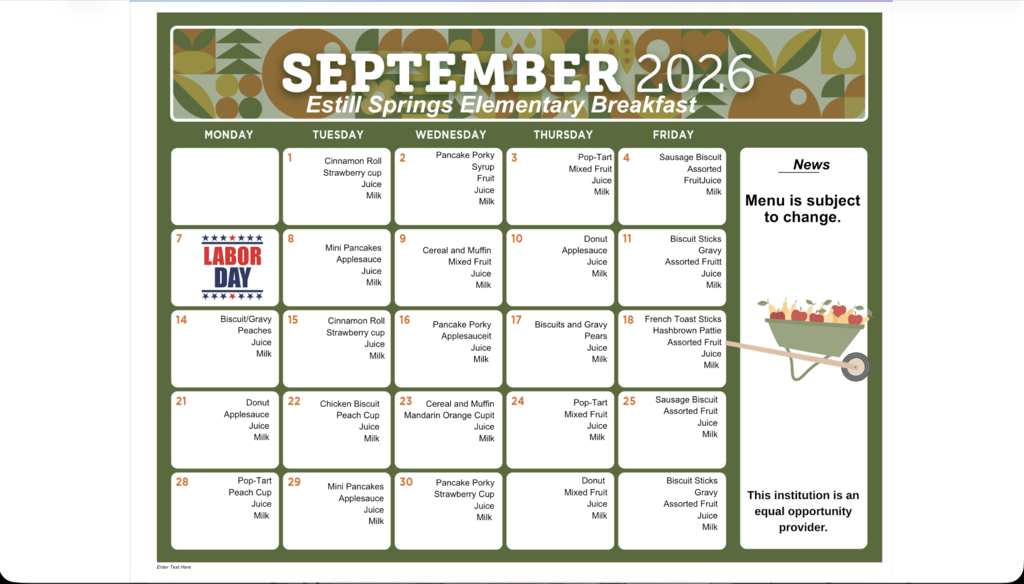 September Breakfast Menu for ESE
