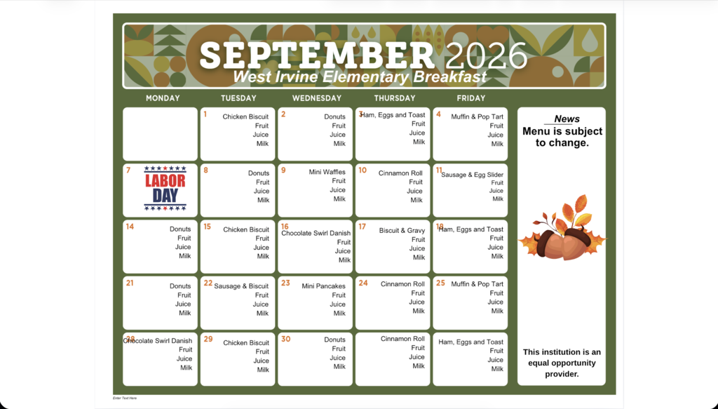 September Breakfast Menu for WIE