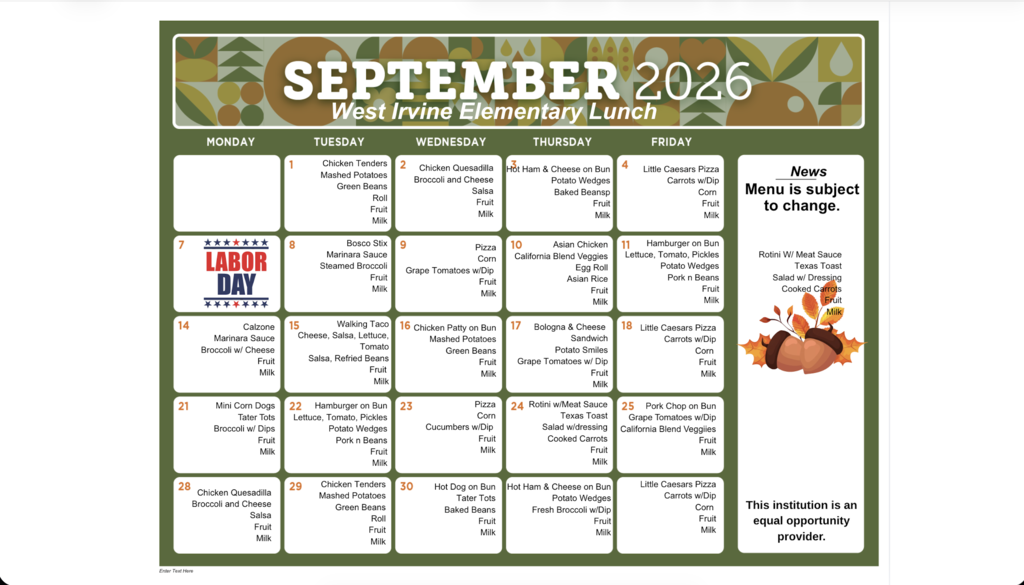 September Lunch Menu for WIE
