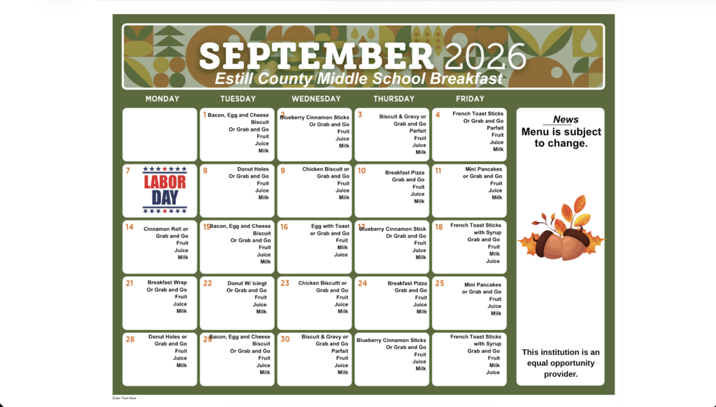 September Breakfast Menu for ECMS