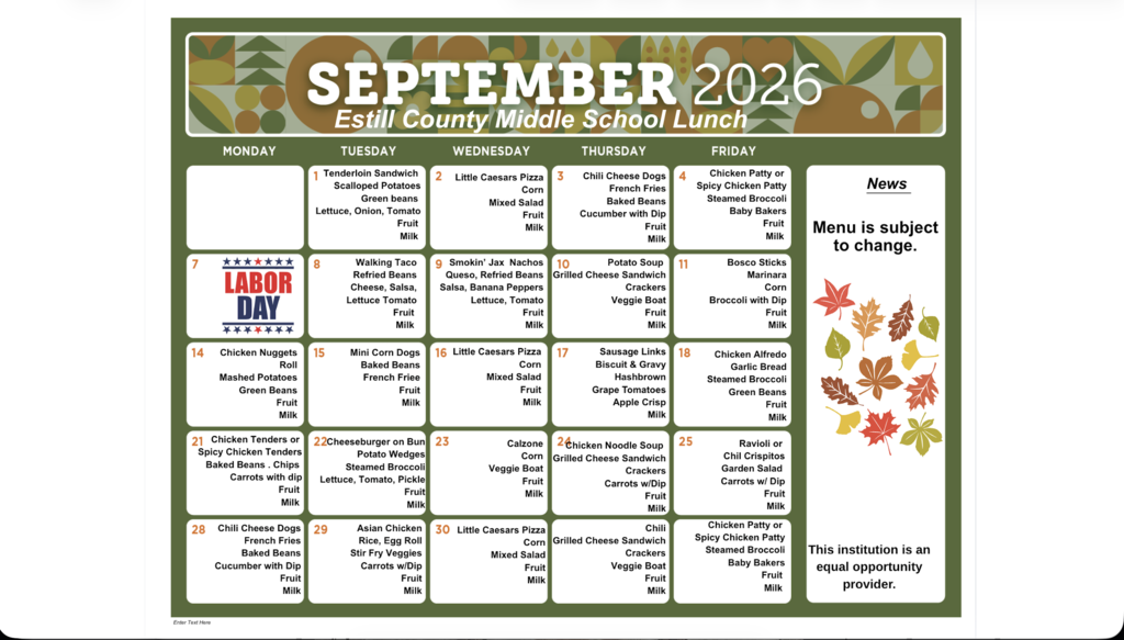 September Lunch Menu for ECMS