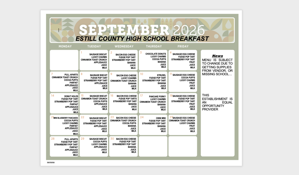 September Breakfast Menu for ECHS