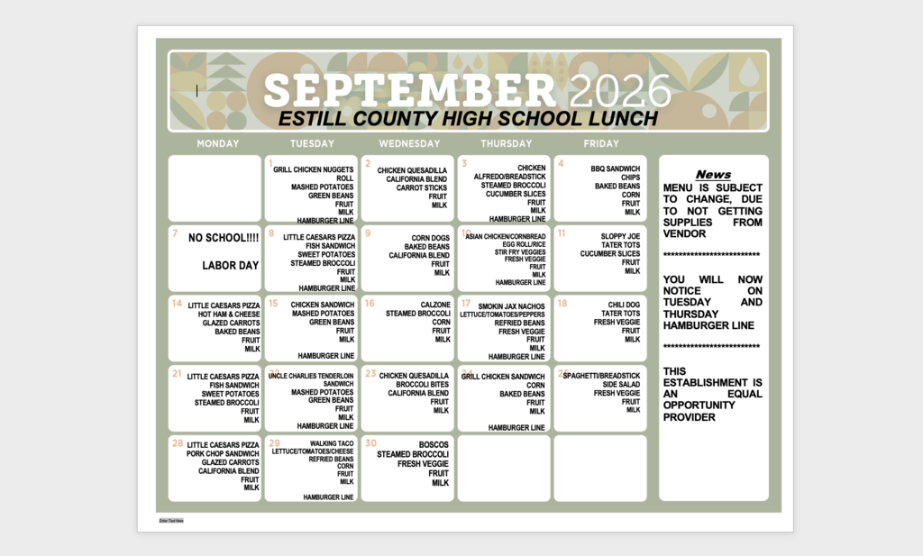 September Lunch Menu for ECHS