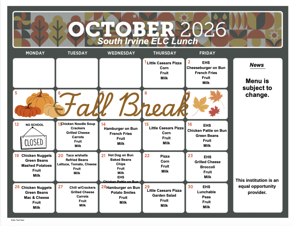 October Menu SIELC
