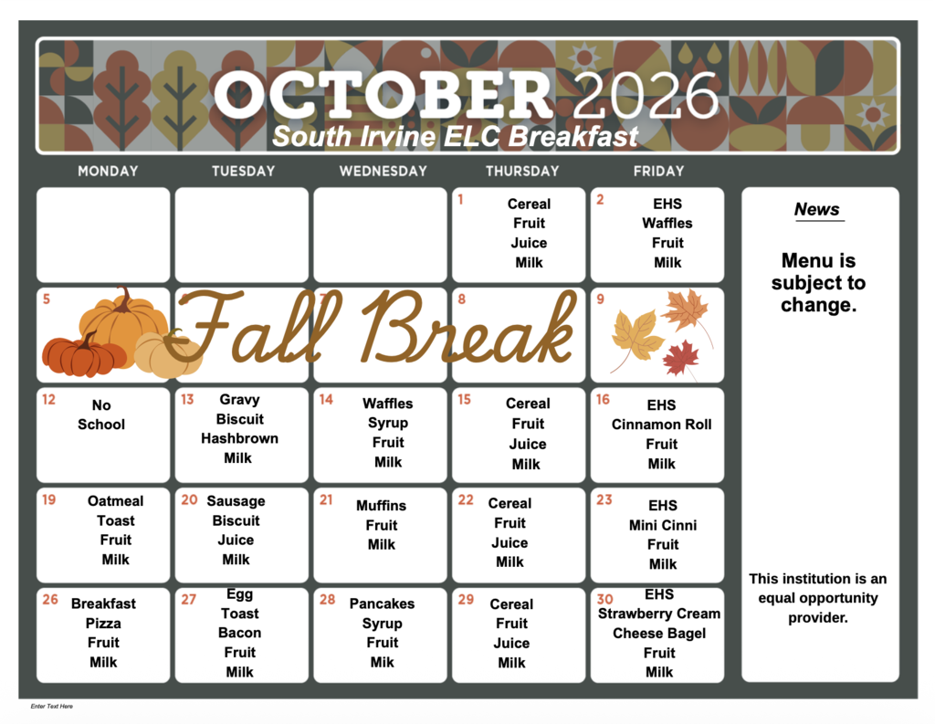 October Menus SIELC