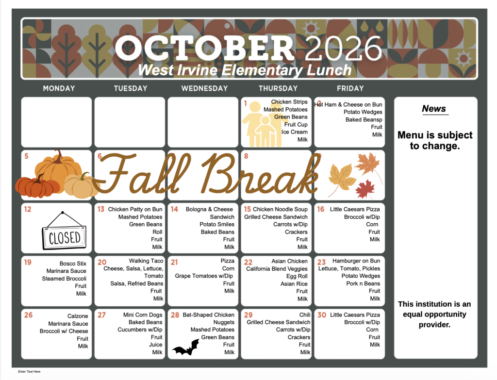 October Menu WIE