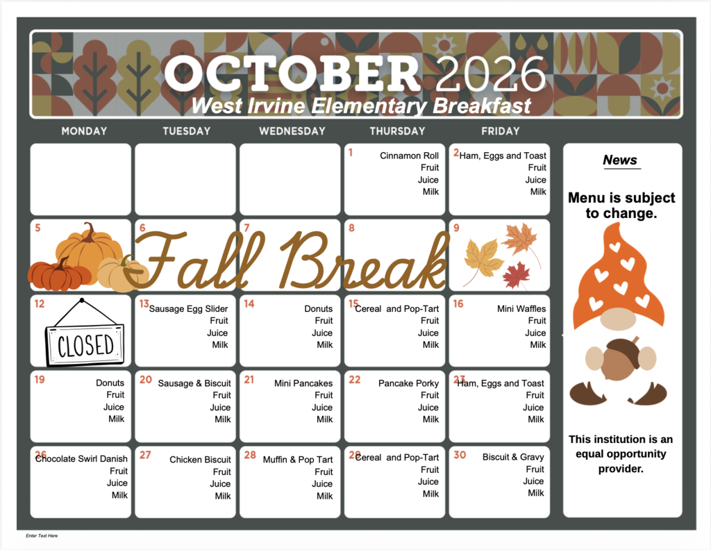 October Menu WIE