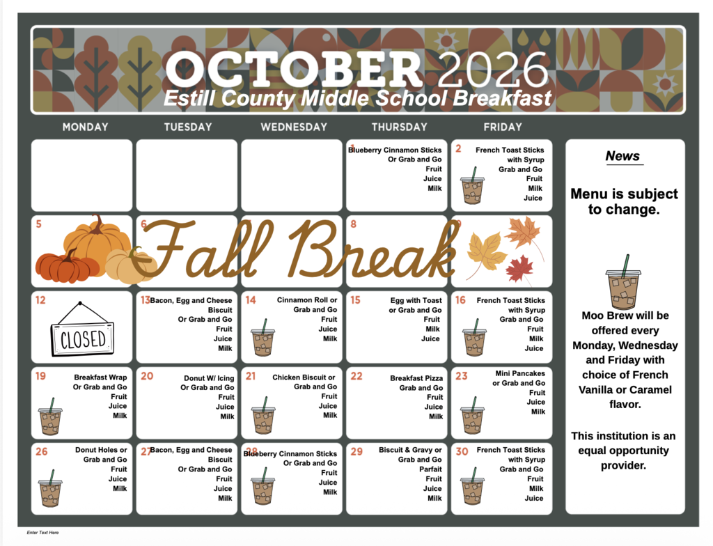 October Menu for ECMS
