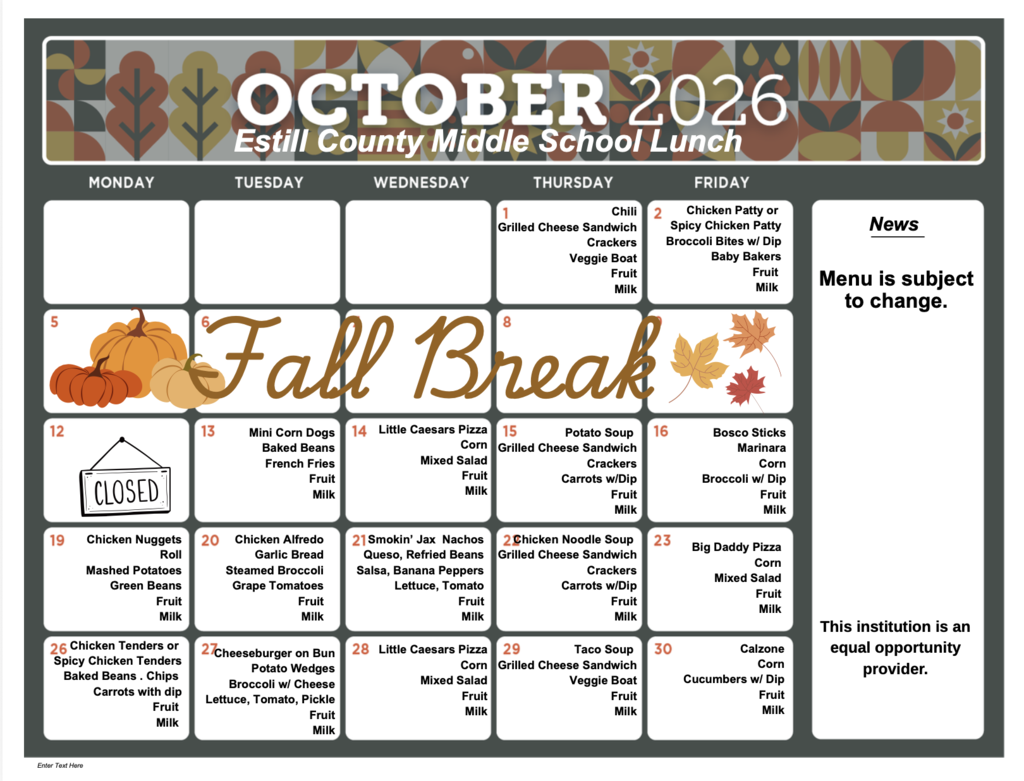 October Menu for ECMS