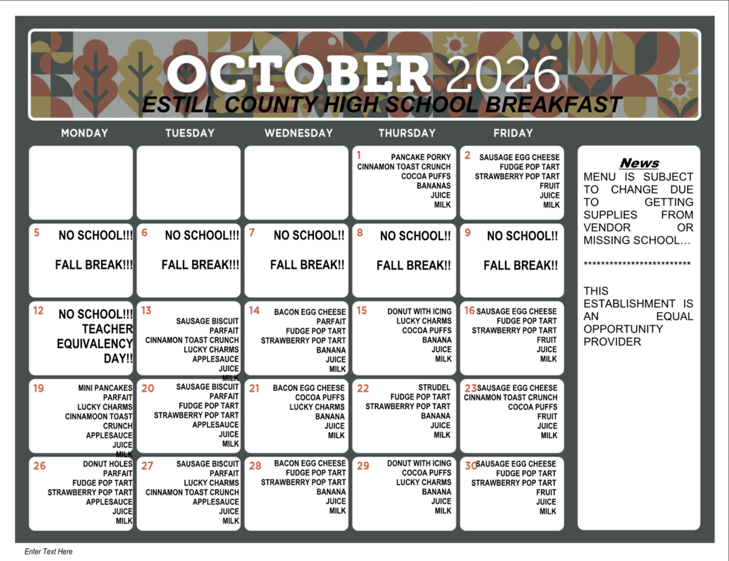 October Menu for ECHS