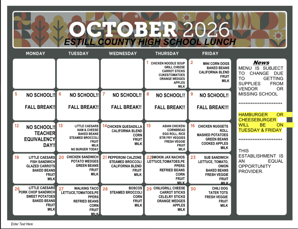 October Menu for ECHS